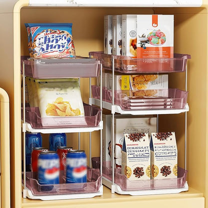 Delamu 2 Pack 3-Tier Bathroom Under Sink Organizers and Storage, Multi-Purpose Stackable Pantry Organization and Storage, Pull Out Clear Kitchen Bathroom Cabinet Organizer with Movable Dividers, Pink