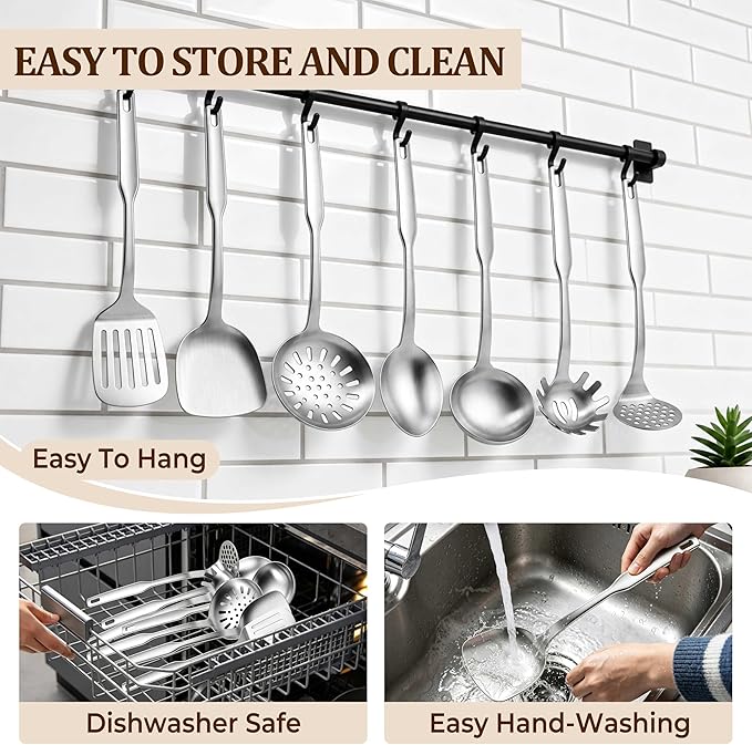 TeamFar Stainless Steel Cooking Utensils Set, 7 Pcs Kitchen Utensils, Heat Resistant Metal Kitchen Tools Include Solid & Slotted Turner/Spoon/Ladle/Skimmer/Pasta Server/Potato Masher, Dishwasher Safe