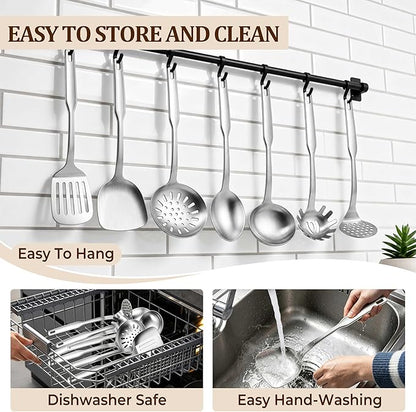 TeamFar Stainless Steel Cooking Utensils Set, 7 Pcs Kitchen Utensils, Heat Resistant Metal Kitchen Tools Include Solid & Slotted Turner/Spoon/Ladle/Skimmer/Pasta Server/Potato Masher, Dishwasher Safe