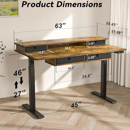 FiCiHi Adjustable Height Standing Desk with 4 Drawers,63 x 30 inches Electric Sit Stand Home Office Desk with Two Tiers, 3 Memory Presets, Monitor Stand Riser, USB A/C Charging Port