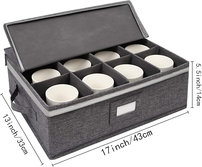 popoly Mug Storage Box with dividers, China Coffee Cup Storage Containers with Zipper Lid and Rivet Reinforced Handles, Holds 12 Coffee Mugs and Tea Cups, Structured Top and Stackable (Grey)