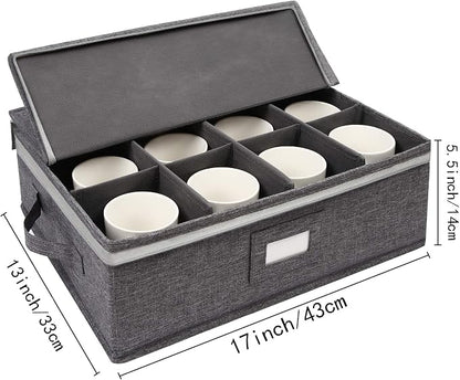 popoly Mug Storage Box with dividers, China Coffee Cup Storage Containers with Zipper Lid and Rivet Reinforced Handles, Holds 12 Coffee Mugs and Tea Cups, Structured Top and Stackable (Grey)