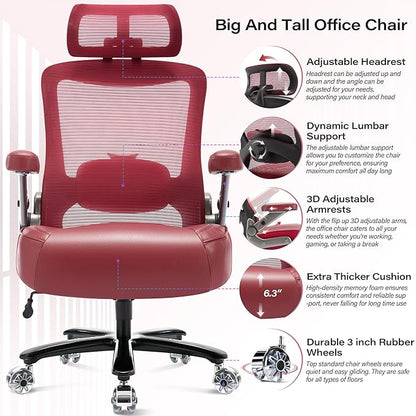 600lbs Big and Tall Office Chair- Heavy Duty Executive Computer Chair with 3D Flip Arms Large Wheels, Ergonomic Mesh High Back Desk Chair, Extra Wide Seat Adjustable Lumbar Support&Headrest