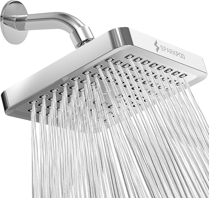SparkPod Rain Shower Head, 6 Inch Square | High Pressure Shower Heads, 90 Nozzle (Touch-to-Clean), Adjustable Showerhead, No-tool Universal Connection