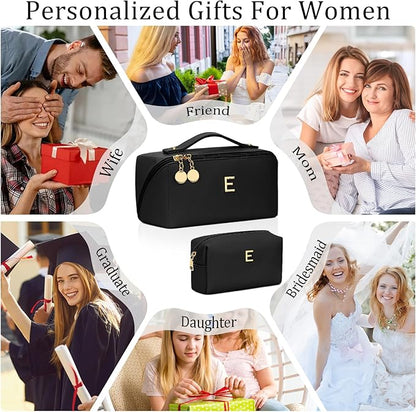 Valentines Day Gifts for Women Teen Girl, Personalized Initial Makeup Organizer Bag Set, Open Flat Travel Cosmetic Bag With Clear Divider and Handle(Black,E)
