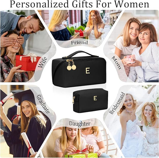 Valentines Day Gifts for Women Teen Girl, Personalized Initial Makeup Organizer Bag Set, Open Flat Travel Cosmetic Bag With Clear Divider and Handle(Black,E)