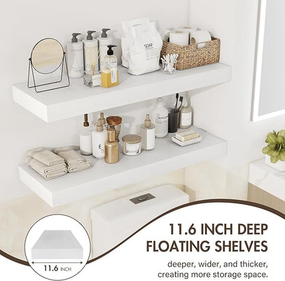 Acovy 30 Inch Floating Shelves, 12" Deep Floating Shelf Wall Mounted, 30" Wall Shelves, Rustic Deep Bookshelf, Extra Deeper & Thicker Display Shelves for Bedroom, Living Room, White, Set of 2