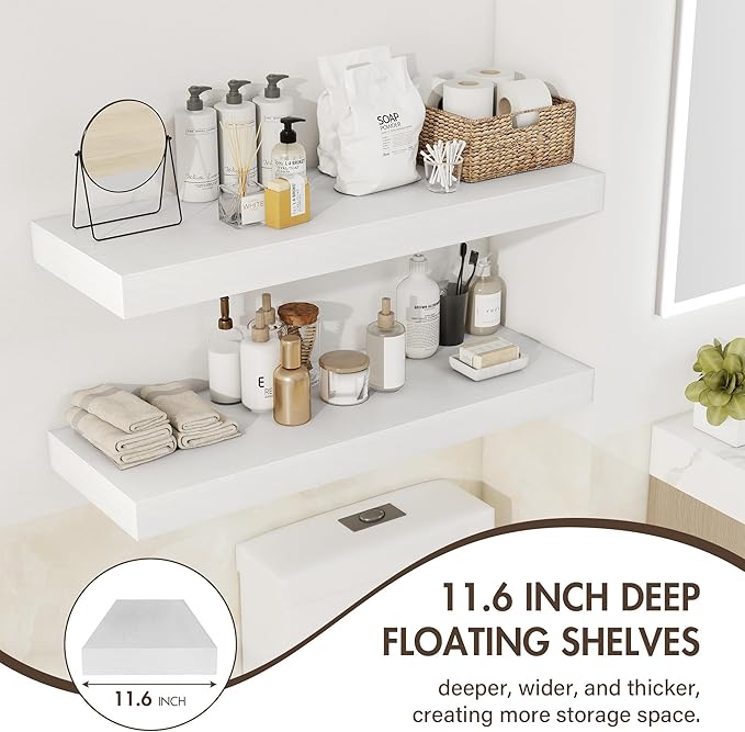 Acovy 24 Inch Floating Shelves, 12" Deep Floating Shelf Wall Mounted, 24" Wall Shelves, Rustic Deep Bookshelf, Extra Deeper & Thicker Display Shelves for Bedroom, Living Room, White, Set of 2