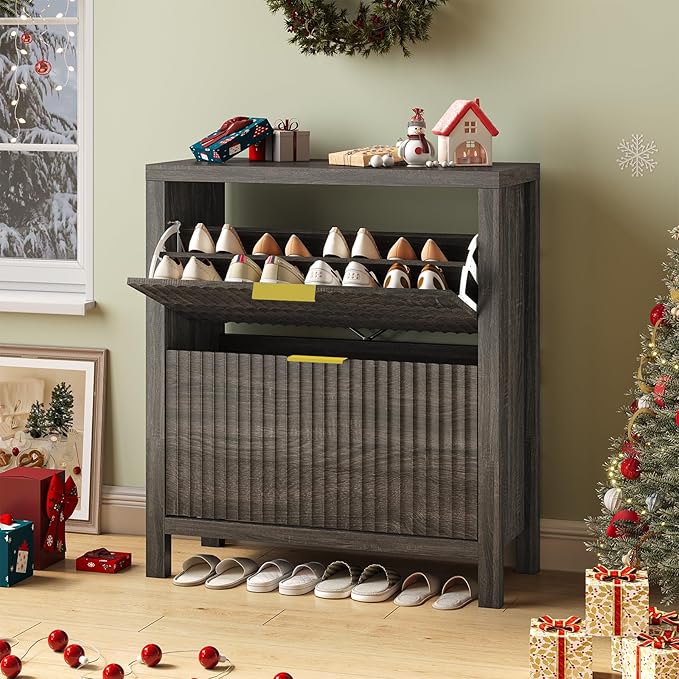 Shoe Cabinet Storage for Entryway, Fluted Shoe Cabinet with 2 Flip Drawers, Hidden Shoe Rack Tall Freestanding Shoe Organizer with Legs for Hallway, Dark Gray