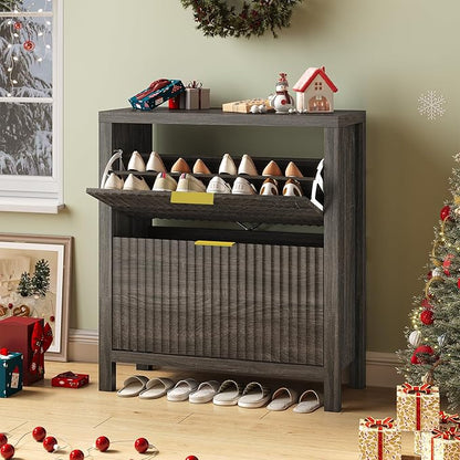 Shoe Cabinet Storage for Entryway, Fluted Shoe Cabinet with 2 Flip Drawers, Hidden Shoe Rack Tall Freestanding Shoe Organizer with Legs for Hallway, Dark Gray