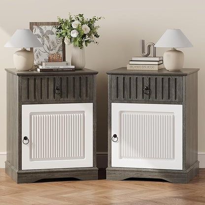 4ever2buy Farmhouse Nightstand Set of 2, 24" Tall Nightstand with Drawers, Grey Night Stand with Storage, Wood End Table Bedside Table for Bedroom Living Room, White and Grey
