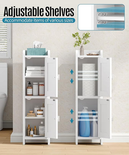 Akxomel Rattan Small Bathroom Cabinet with 2 Doors, 7.9''D x 7.9''W Narrow Toilet Paper Storage Cabinet, Bathroom Organizer for Small Spaces, Slim Corner Unit with Adjustable Shelf, White Rattan