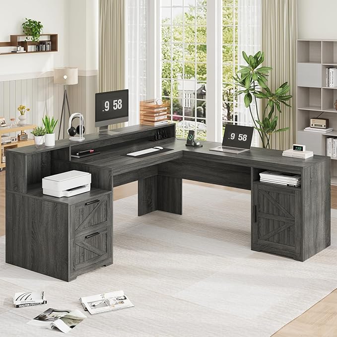 63" Farmhouse L Shaped Executive Desk with Drawers & Storage Shelf, Corner Computer Desk with Power Outlets, L Shaped Office Desk with Monitor Stand, Printer Shelf, Dark Gray