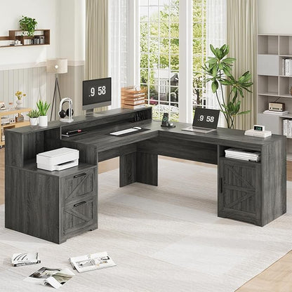63" Farmhouse L Shaped Executive Desk with Drawers & Storage Shelf, Corner Computer Desk with Power Outlets, L Shaped Office Desk with Monitor Stand, Printer Shelf, Dark Gray