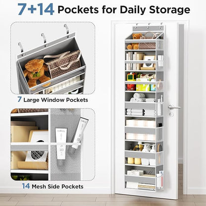Mefirt Over The Door Organizer, 7 Tier Door Hanging Organizers with 7 Large Pockets 12 Side Pockets, Behind Door Storage Hanging Shelves for Closet Bathroom Bedroom Nursery