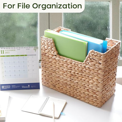 CHI AN HOME Wicker Magazine Basket, Handwoven Water Hyacinth Storage Bin & Organizer for Files, Books, Newspapers, Documents, Decorative Storage Bin with Handle for Office, Living Room, Dorm, Bathroom