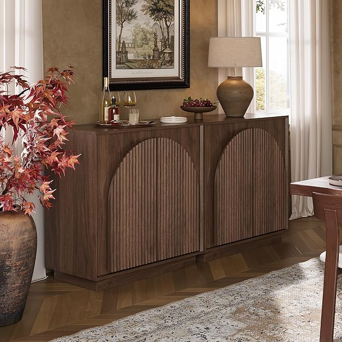 win2win Fluted Sideboard Buffet Cabinet with Storage, 31.5" Mid Century Modern Accent Cabinet with Double-Layered Arch Door, Small Wood Console Credenza for Dining Living Room Entryway, Walnut, 3PCS