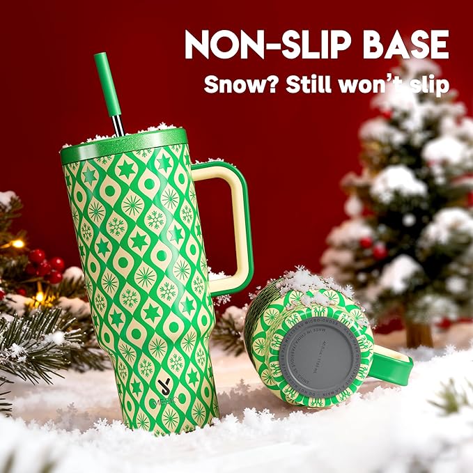 Meoky 40 oz Christmas Tumbler with Handle and Straw, Xmas Tumbler with Lid and Straw, Insulated Stainless Steel Travel Mug, Christmas Gifts for Women Men Adults (Emerald Cheer)
