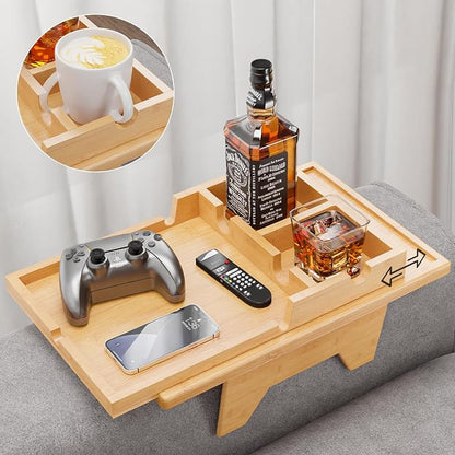 Bestjing Bamboo Couch Cup Holder Tray - 2 in 1 Couch Armrest Table with Be Slide-Away Detachable Double Holder - Sofa Armchair Caddy for Drinking Snacks iPad TV Remote