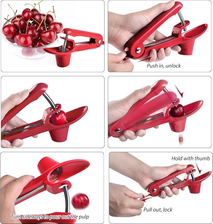 Cherry Pitter, Brighoot Stainless Steel Cherry Pitter Tool Cherries Corer with Lock Design for Making Cherry Jam, Remove Cherry Seed with Space/Safe/Quick (Red)