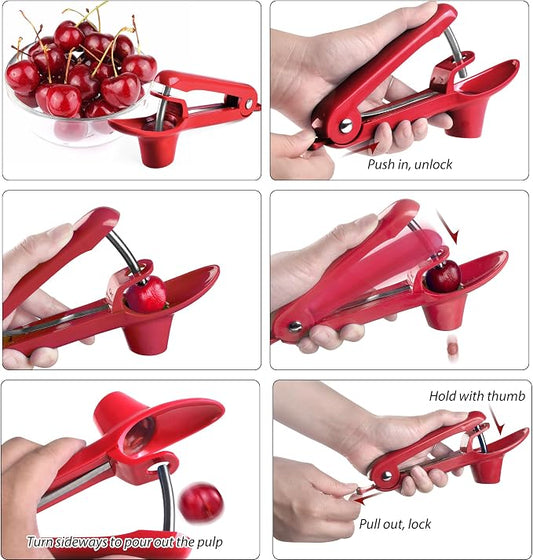 Cherry Pitter, Brighoot Stainless Steel Cherry Pitter Tool Cherries Corer with Lock Design for Making Cherry Jam, Remove Cherry Seed with Space/Safe/Quick (Red)