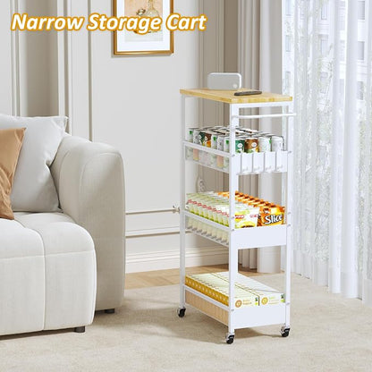Vincona 9.1" Wide Slim Rolling Utility Cart, 4 Tier Metal Narrow Storage Cart with Handle and Wood Top, Multifunctional Small Mobile Shelf Unit Organizer Trolley for Laundry, Bathroom, Kitchen