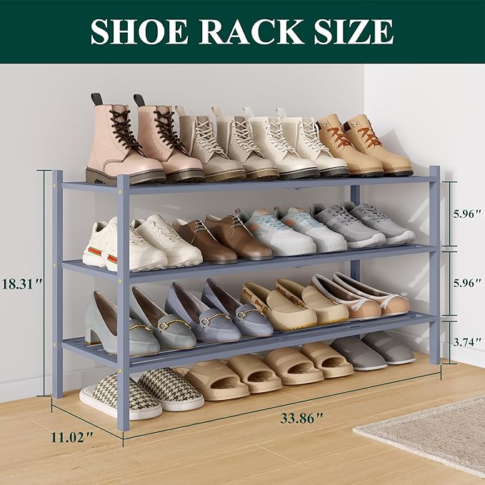 Smiry Long Bamboo Shoe Rack 3-Tier, Stackable Wooden Shoe Organizer for Entryway & Closet, Free Standing Wood Shoe Storage Shelf for Front Door & Small Spaces, Grey