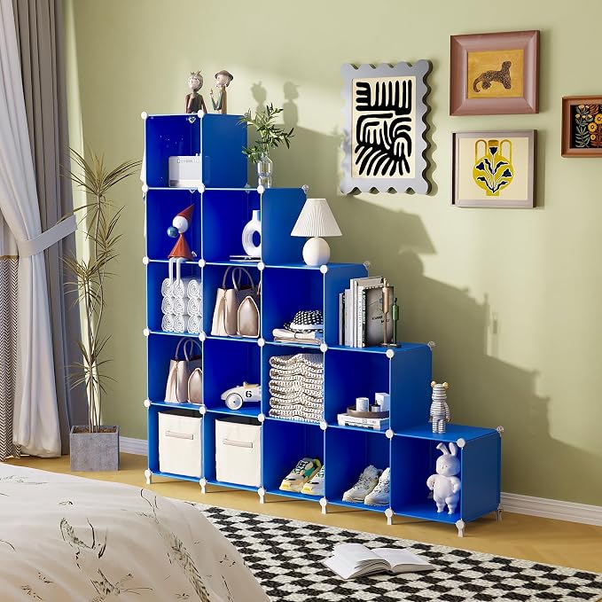 AWTATOS Cube Storage Organizer, 16 Cube Closet Organizers and Storage Shelves, DIY Stackable Bookshelf for Bedroom, Home, Admiral Blue
