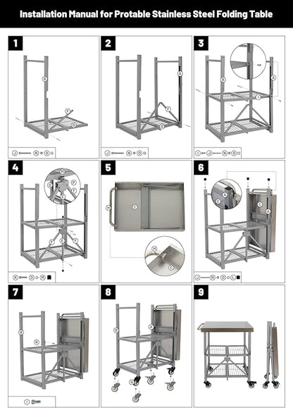 Hymula 3-Tier Stainless Steel Rolling Utility Cart, 300 LBS Capacity Heavy Duty Foldable Service Cart with Wheels for Kitchen, Garage, Restaurant, Warehouse & Outdoor Use