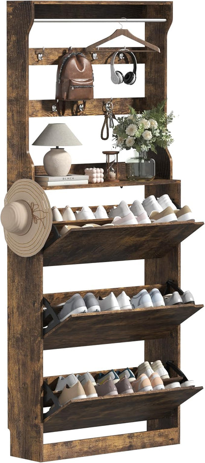 Tall Shoe Cabinet with Coat Rack, Hidden Shoe Storage Cabinet with Doors & Drawer, Hanging Bar & Hooks, Slim Narrow Freestanding Shoe Rack Organizer for Entryway, Hallway & Living Room, Brown