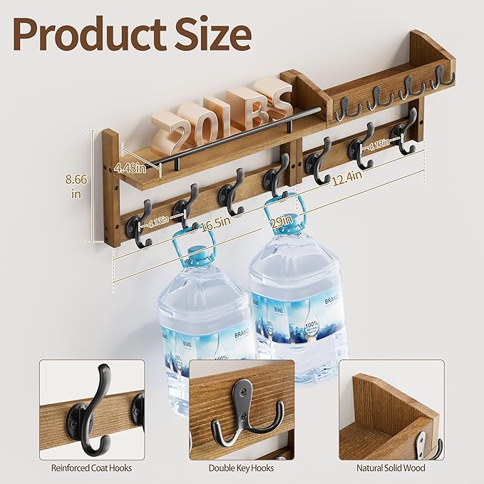 29 inch Coat Rack Wall Mount with Shelf, Set of 2 Heavy Duty Coat Hooks Wall Mount, Entryway Coat Hanger Wall Shelf with Key Holders and Mail Organizer for Living Room, Bedroom, Bathroom