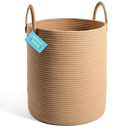 OrganiHaus Large Woven Laundry Basket w/Handles 52L, Rope Dirty Clothes Hamper, Blanket Basket for Living Room, Baby Laundry Hamper for Nursery, Soft & Durable Decorative Organizer Bin - Honey