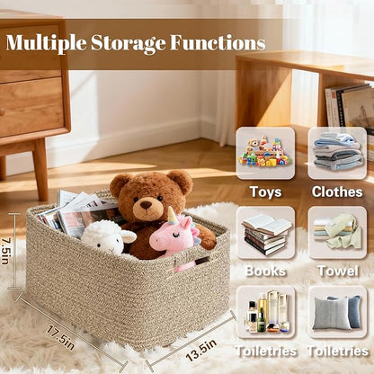 3 Pack Large Storage Basket for Organizing, 17.5"x13.5"x7.5" Woven Basket for Shelves, Closet Cube Storage Bins with Wrapped Handle, Cotton Rope Baskets for Kitchen, Clothes, Toys(Natural)