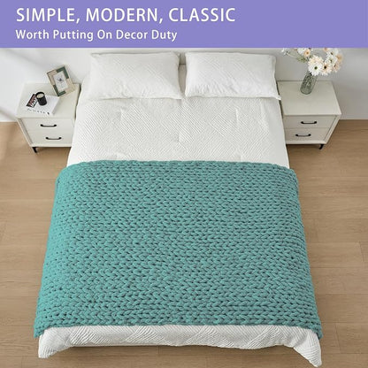 Bigacogo Chunky Knit Throw Blanket for Couch, 40x80 inches, 100% Hand Knitted with Thick Jumbo Chenille Yarn, Cozy Soft Large Rope Knot Cable Crochet Blankets for Sofa Bed Living Room, Light Teal