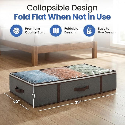 Underbed Storage Bags 4-Pack - Foldable Under Bed Storage Organizer for Clothes, Bedroom Blankets, Comforter, Pillows, Linen Sheets, Towels, Sweaters, Shoe Drawers - Ideal for College Dorms (Grey)