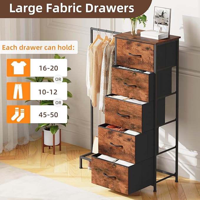 Somdot Dresser with Hanging Rack, 5 Drawers Small Closet for Bedroom, Reversible Dresser with Clothes Rack, Kids Dressers for Bedroom Chest of Drawers, Tall Storage Tower, Wood Grain Print