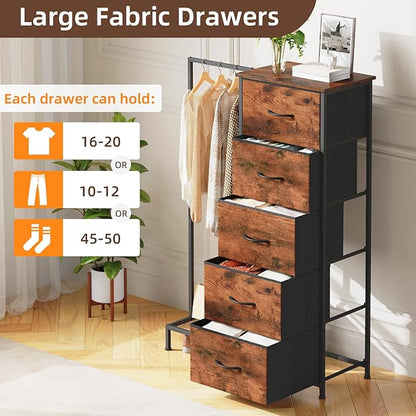 Somdot Dresser with Hanging Rack, 5 Drawers Small Closet for Bedroom, Reversible Dresser with Clothes Rack, Kids Dressers for Bedroom Chest of Drawers, Tall Storage Tower, Wood Grain Print