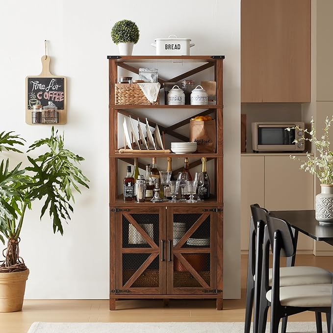 5 Tier Bookshelf 70" Tall Bookcase with Barn Doors,Large Farmhouse Display Book Shelf with Adjustable Shelves and Storage Cabinet，Library Wood Bookshelves for Living Room,Kitchen,Brown(3PCS)