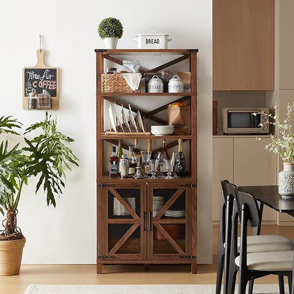 5 Tier Bookshelf 70" Tall Bookcase with Barn Doors,Large Farmhouse Display Book Shelf with Adjustable Shelves and Storage Cabinet，Library Wood Bookshelves for Living Room,Kitchen,Brown