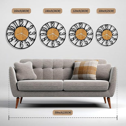 Maxstar Wall Clock Battery Operated,Silent Non-Ticking Modern Rustic Metal Round Clocks Small for Living Room/Bedroom/Office/Kitchen/Farmhouse Home Decor-10 Inch(Yellow-Wood)