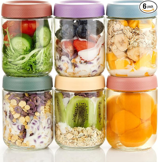 6 Pack Overnight Oats Containers with Lids, Wide Mouth Mason Salad jars 16oz, Glass Jar with Airtight Lids, Salad Meal Prep Jars for Food Storage, Overnight Oats Jars for Milk, Fruit