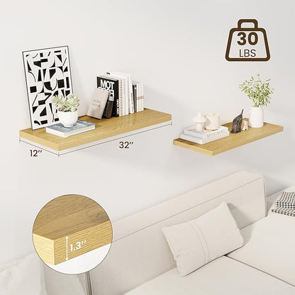 Dreamland 32" Floating Shelves for Wall, 12" Deep Slim Oak Floating Shelves, Wall-Mounted Shelves for Bedroom, Living Room, Kitchen, Bathroom - Set of 2