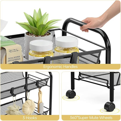 TOOLF 5-Tier Metal Utility Cart with 3 Hooks, Easy Assemble Mobile Storage Trolley On Wheels, Metal Shelving Units Kitchen Bathroom Laundry Room