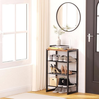 Narrow 4-Tier Shoe Rack, Slim Space-Saving Shelf with Decorative Wood Top & Steel Mesh, Entryway/Closet/Dorm Organizer, 16.5x11.8x27.9 Inches