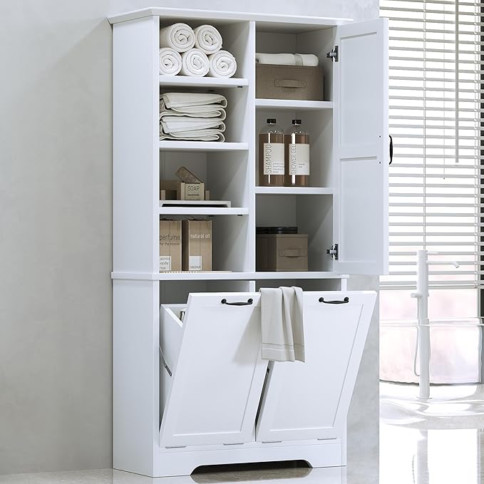 Merax Tall Storage Cabinet with Door and Open Shelf, Multi-Functional Laundry Hamper Basket for Home Bathroom, Laundry Room, White