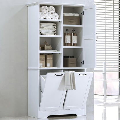 Merax Tall Storage Cabinet with Door and Open Shelf, Multi-Functional Laundry Hamper Basket for Home Bathroom, Laundry Room, White