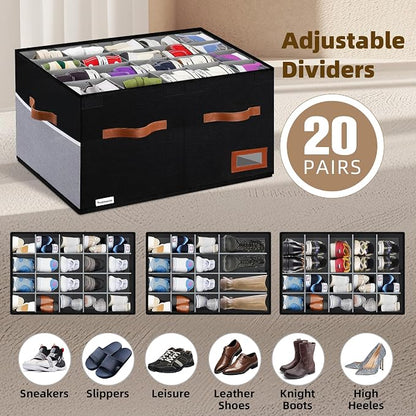 Supowin Shoe Organizer for Closet, Foldable Shoe Storage Bins with Lid & Adjustable Dividers, Fabric Shoe Box Storage Containers with Four Reinforced Handles, Fits 20 Pairs, 1 Pack, Black