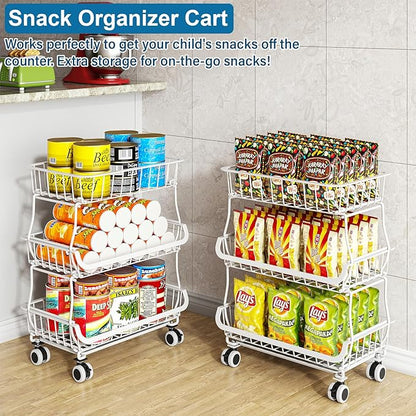 OKZEST 3-Tier Rolling Pantry Floor Organizer and Storage Cart with Wheels, Stackable Wire Pantry Baskets for Pantry Shelves, Kitchen Storage Rack and Fruit Basket Stand for Fruit Snack Onion Potato