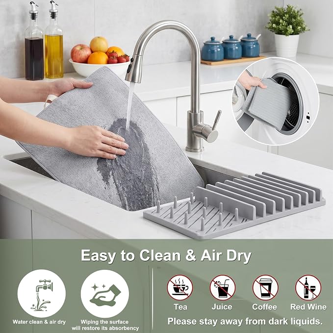2-in-1 in Sink Dish Drying Rack with Dish Drying Mat,Space-Saving Dish Rack for Kitchen Counter,Foldable Dish Drying Mat with Rack,Quick Dry Dish Drainers for Kitchen Sink (Grey White)