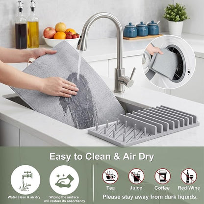 2-in-1 in Sink Dish Drying Rack with Dish Drying Mat,Space-Saving Dish Rack for Kitchen Counter,Foldable Dish Drying Mat with Rack,Quick Dry Dish Drainers for Kitchen Sink (Grey White)